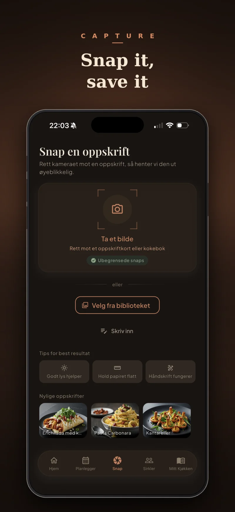 Knips det, lagre det — SnapCook AI-oppskriftsuthenting.
