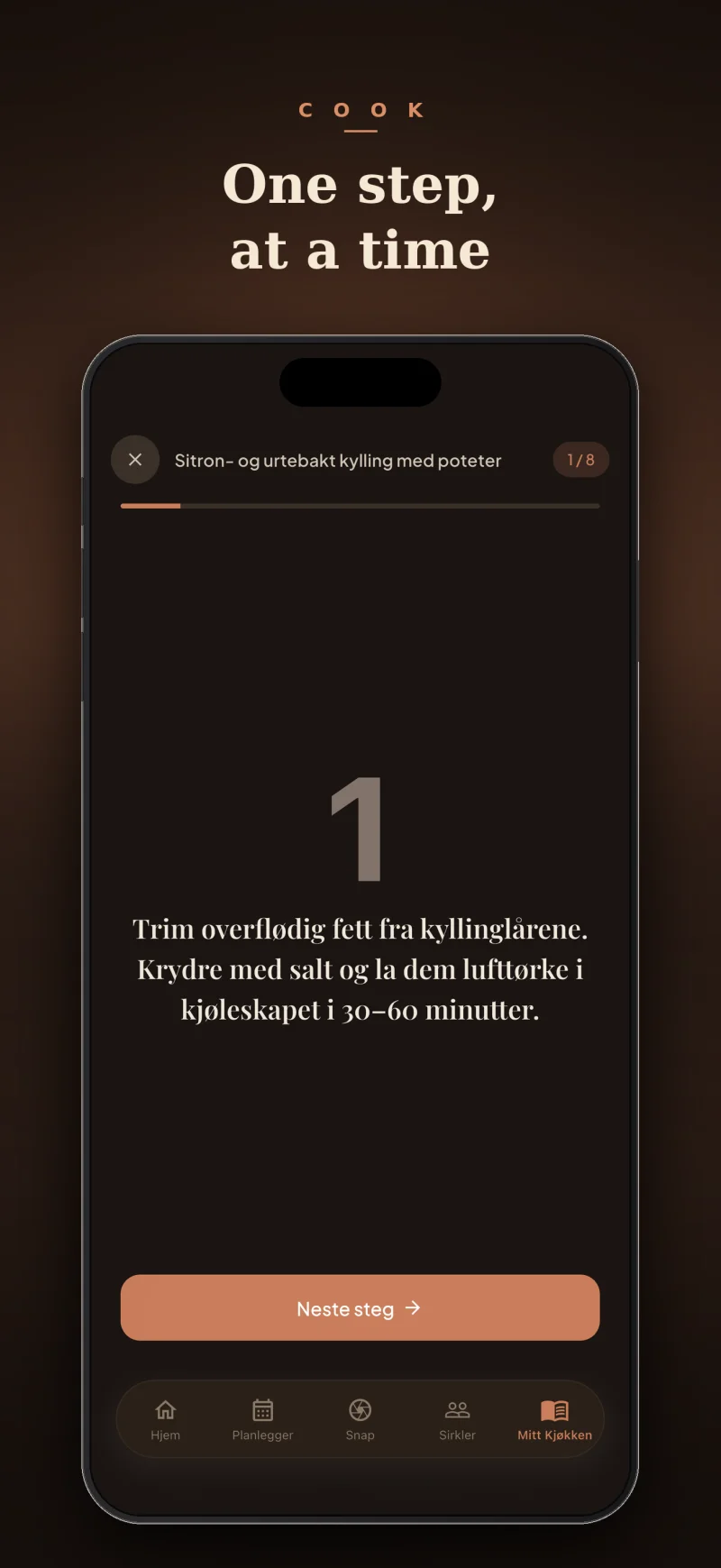 Ett steg om gangen — SnapCook kokemodus med fokusert trinnvisning.