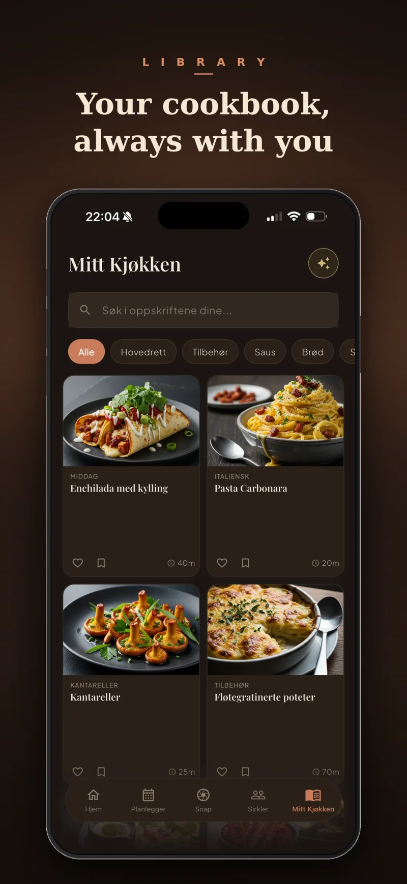 Din kokebok, alltid med deg — SnapCook personlig oppskriftsbibliotek.