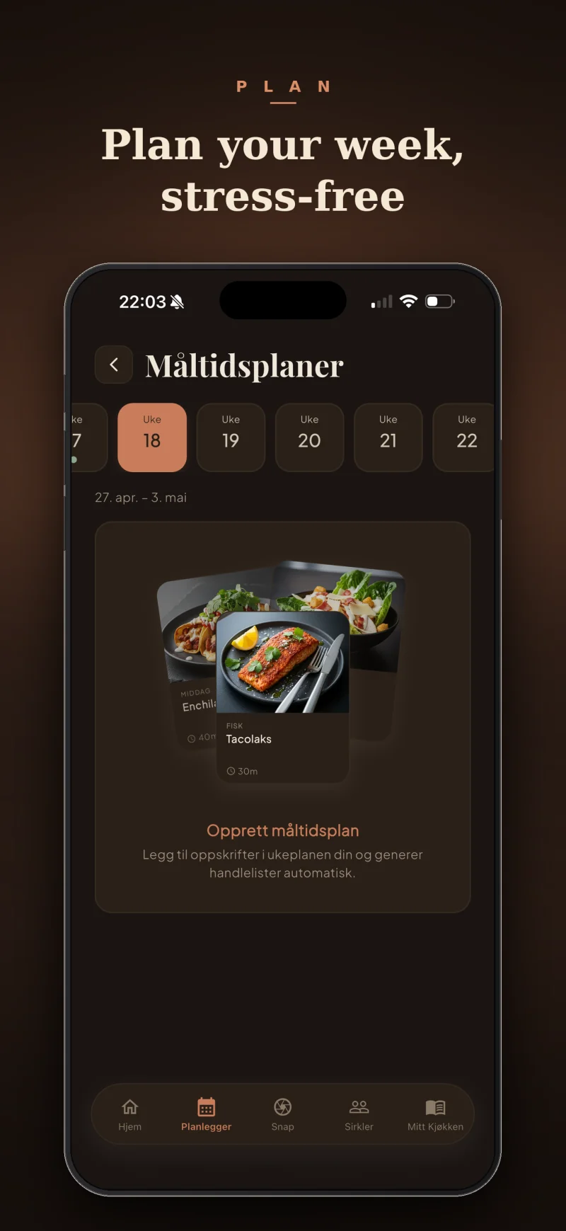Planlegg uken stressfritt — SnapCook visuell måltidsplanlegger.