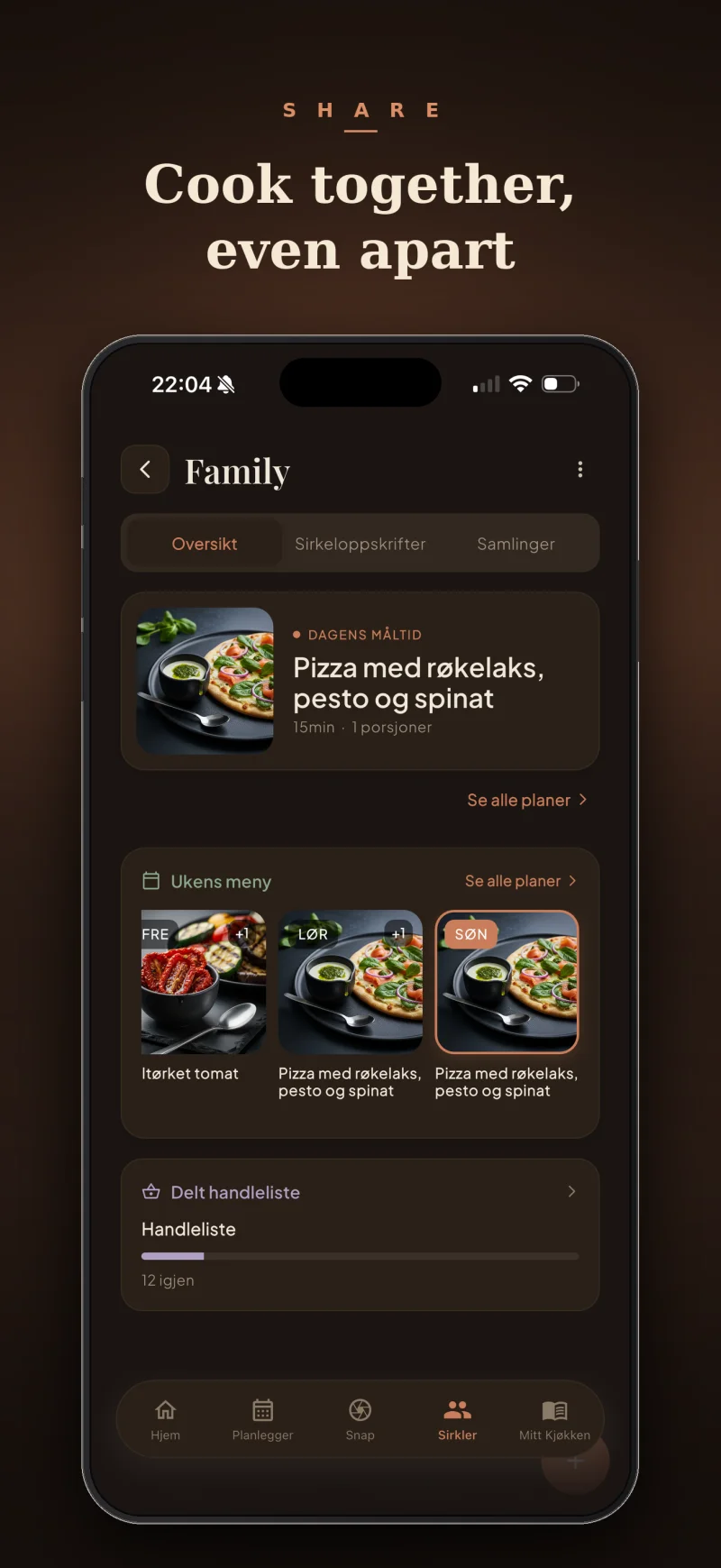 Lag mat sammen, selv fra hver sin kant — SnapCook kjøkkensirkler med delt ukemeny.